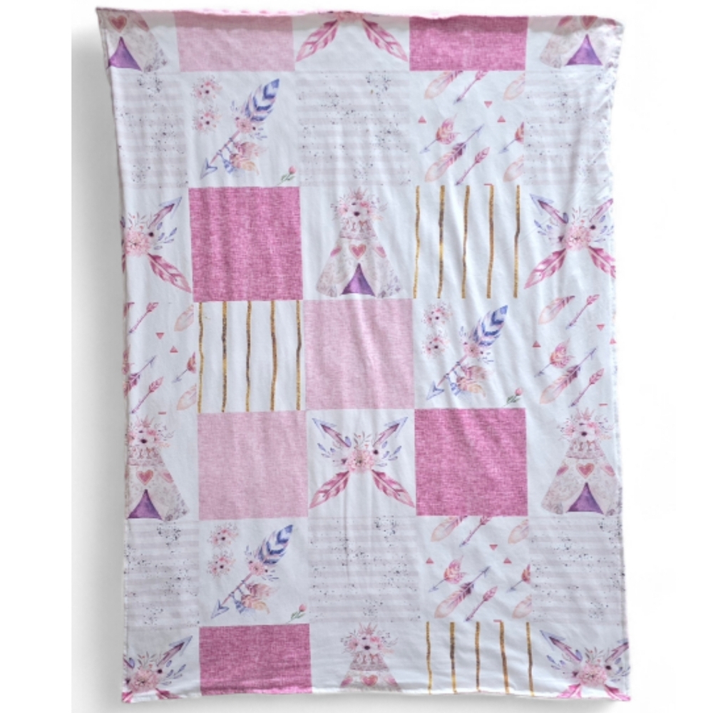 Minky Dot Pink & Gold Feathers & Teepees Toddler Blanket